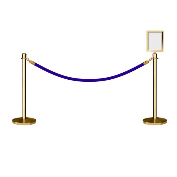 Montour Line Stanchion Post & Rope Kit Pol.Brass, 2CrownTop 1Blue Rope 8.5x11V Sign C-Kit-1-PB-CN-1-Tapped-1-8511-V-1-PVR-BL-PB